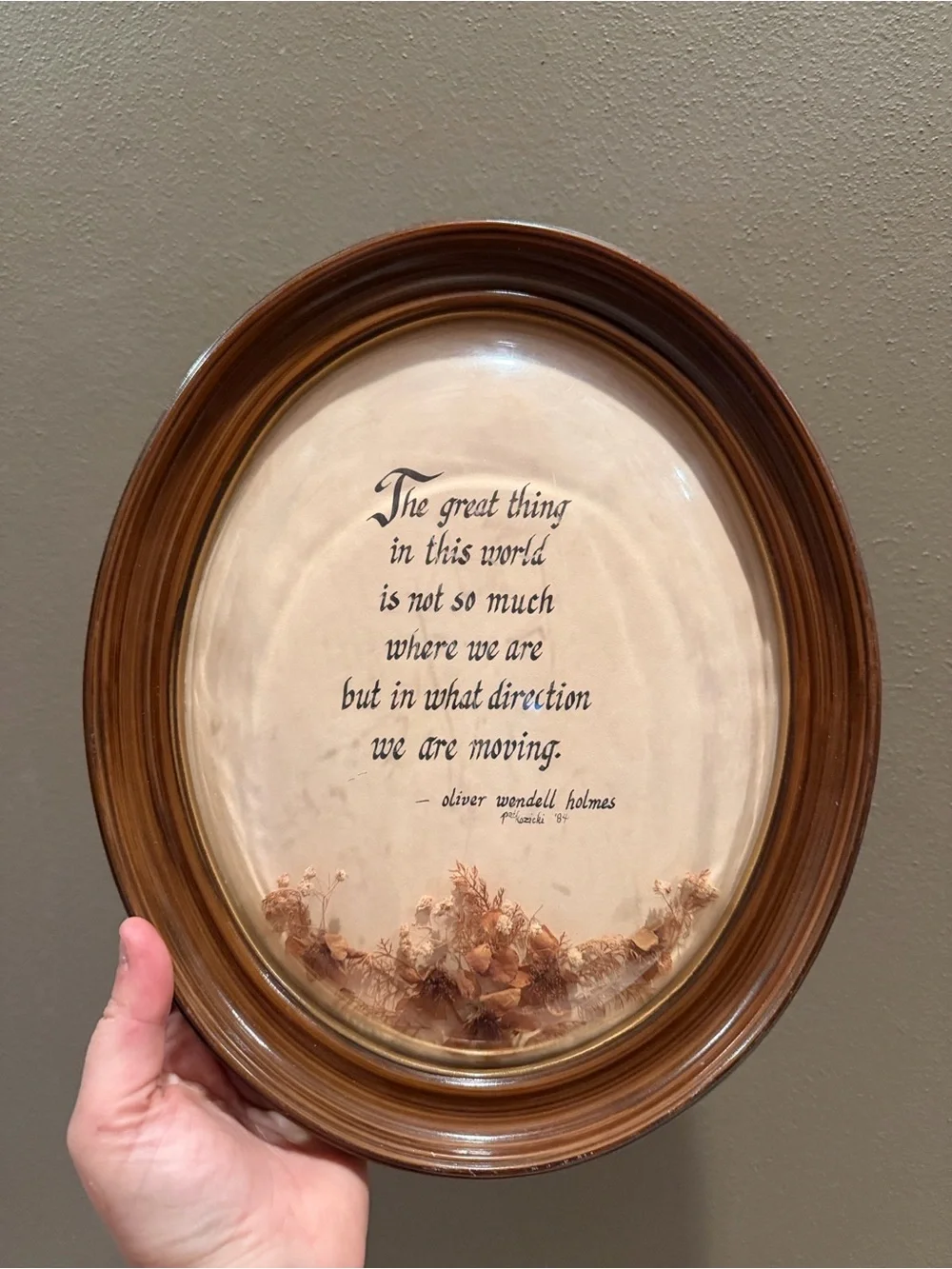 Vtg Framed Oval Quote Plaque with Dried Floral Accents